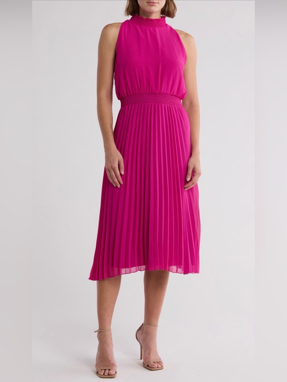 Sam Edelman Smocked Plisse Pleated Midi  Dress Pretty Pink Sz 0 Flaws